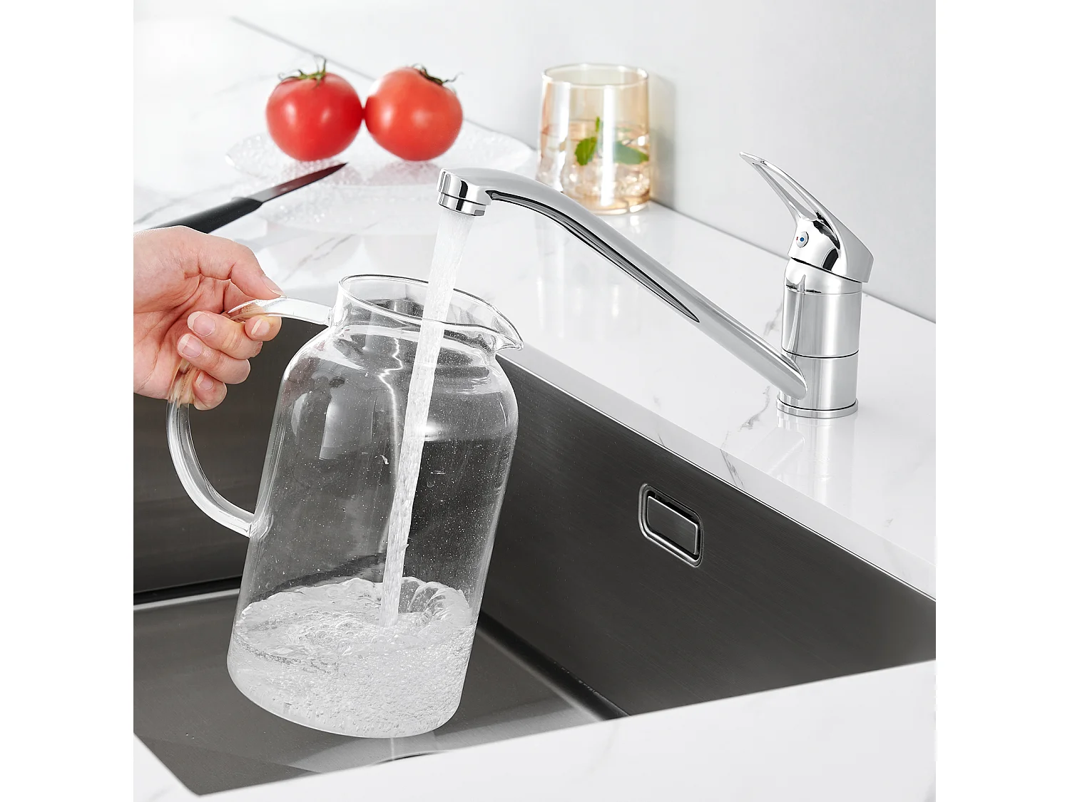 Auralum MAX Évier Cuisine 1 Cuve Inox Brossé75*45*19CM-Évier avec Égouttoir pliable+Robinet Cuisine,Eau Chaude/ Froide,en Laiton,Chromé