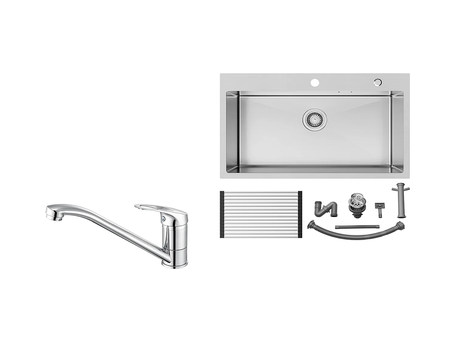 Auralum MAX Évier Cuisine 1 Cuve Inox Brossé75*45*19CM-Évier avec Égouttoir pliable+Robinet Cuisine,Eau Chaude/ Froide,en Laiton,Chromé