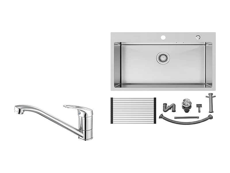 Auralum MAX Évier Cuisine 1 Cuve Inox Brossé75*45*19CM-Évier avec Égouttoir pliable+Robinet Cuisine,Eau Chaude/ Froide,en Laiton,Chromé