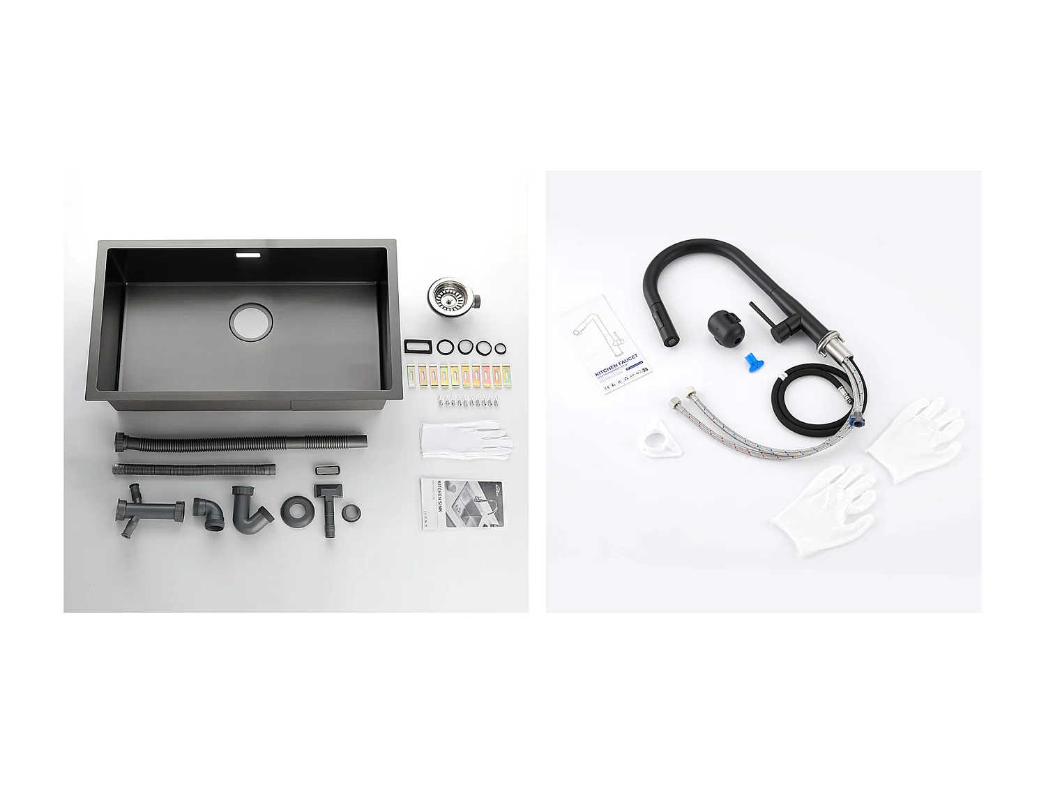 Évier Cuisine 1 Bac 70*44*19CM,à Encastrer/Fleur/Sous-Plan,Siphon/Trop-Plein+Robinet Cuisine avec Douchette Extractible,Bec en Forme U,Noir