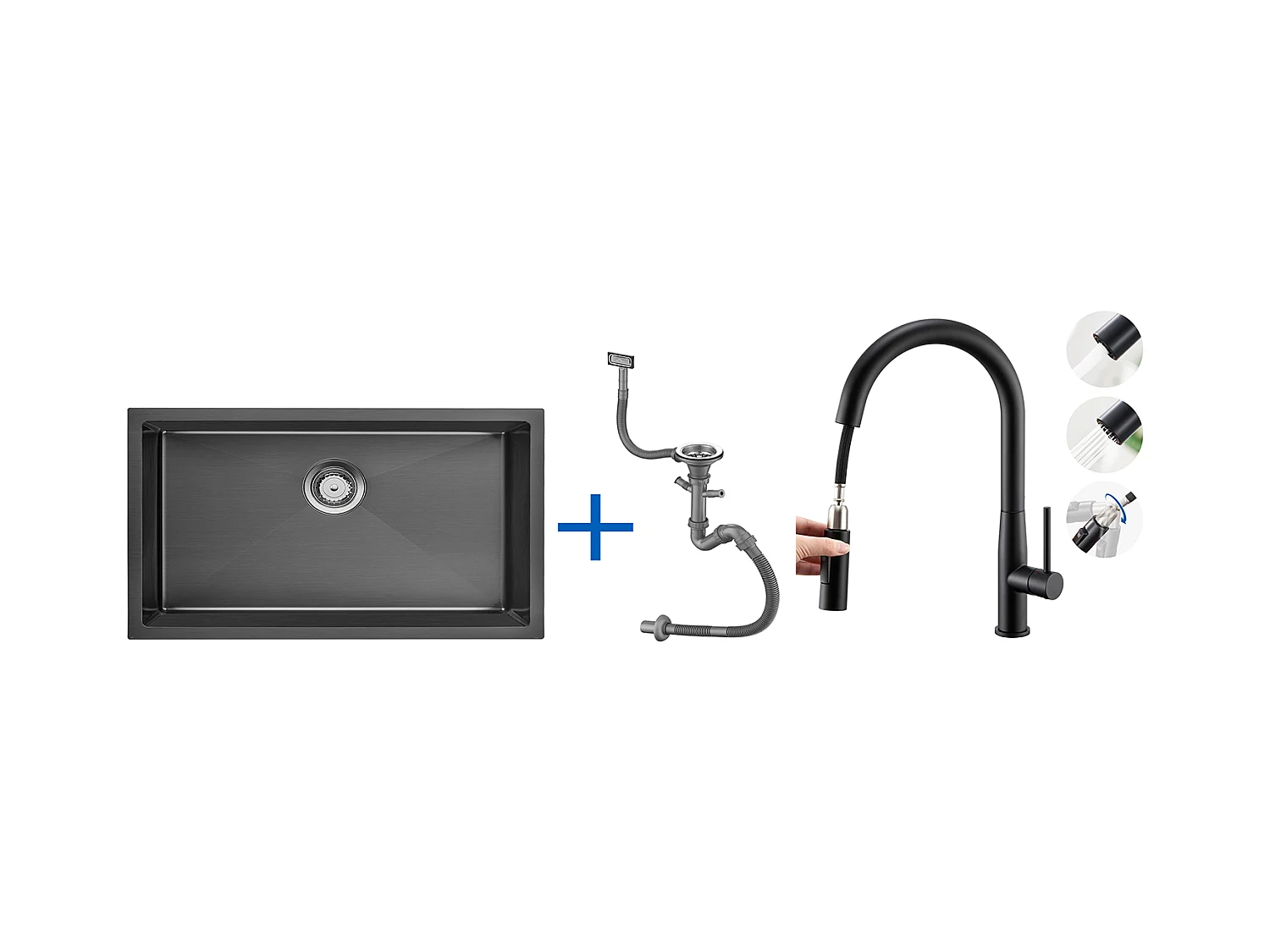 Évier Cuisine 1 Bac 70*44*19CM,à Encastrer/Fleur/Sous-Plan,Siphon/Trop-Plein+Robinet Cuisine avec Douchette Extractible,Bec en Forme U,Noir