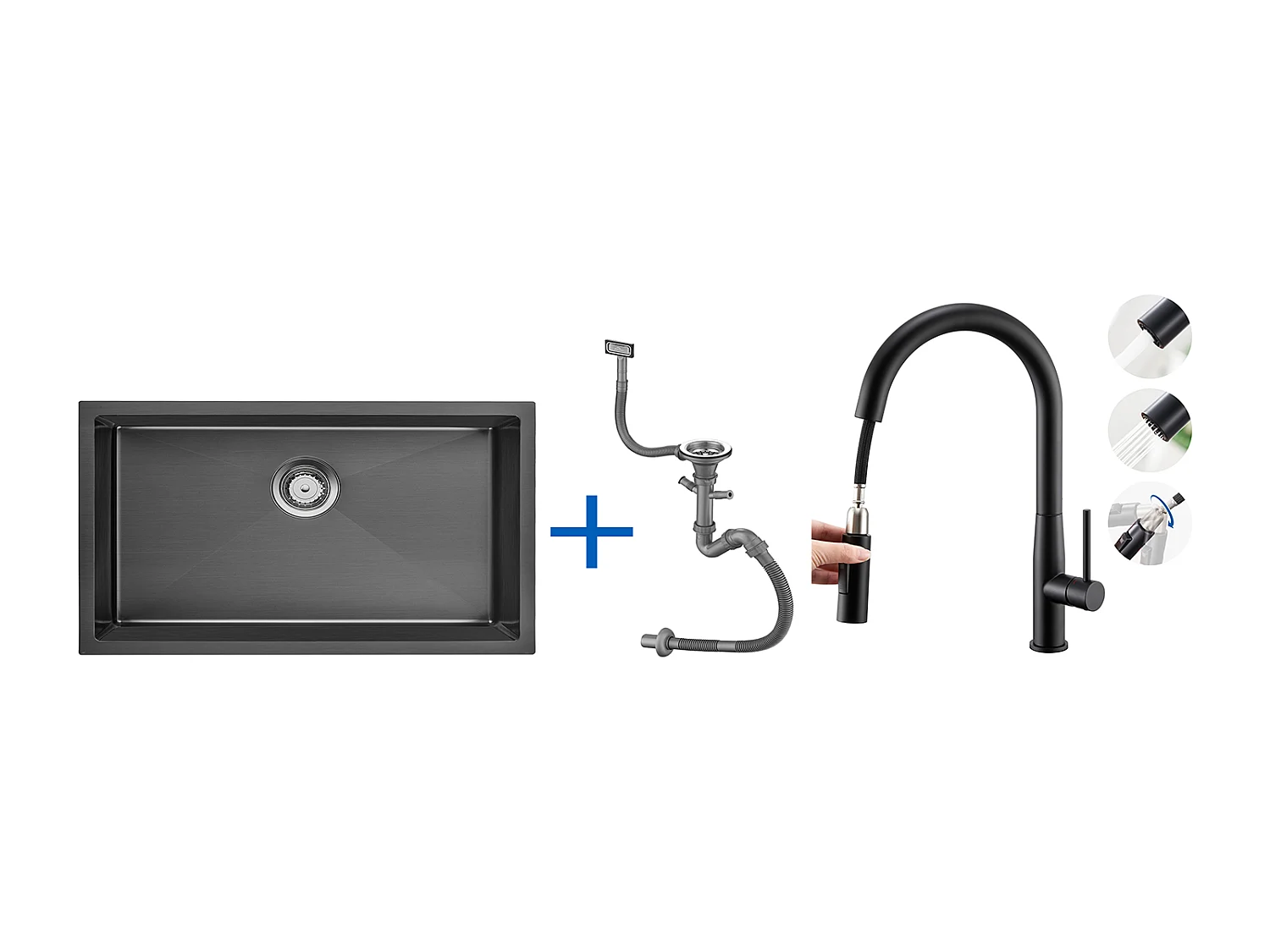 Évier Cuisine 1 Bac 70*44*19CM,à Encastrer/Fleur/Sous-Plan,Siphon/Trop-Plein+Robinet Cuisine avec Douchette Extractible,Bec en Forme U,Noir