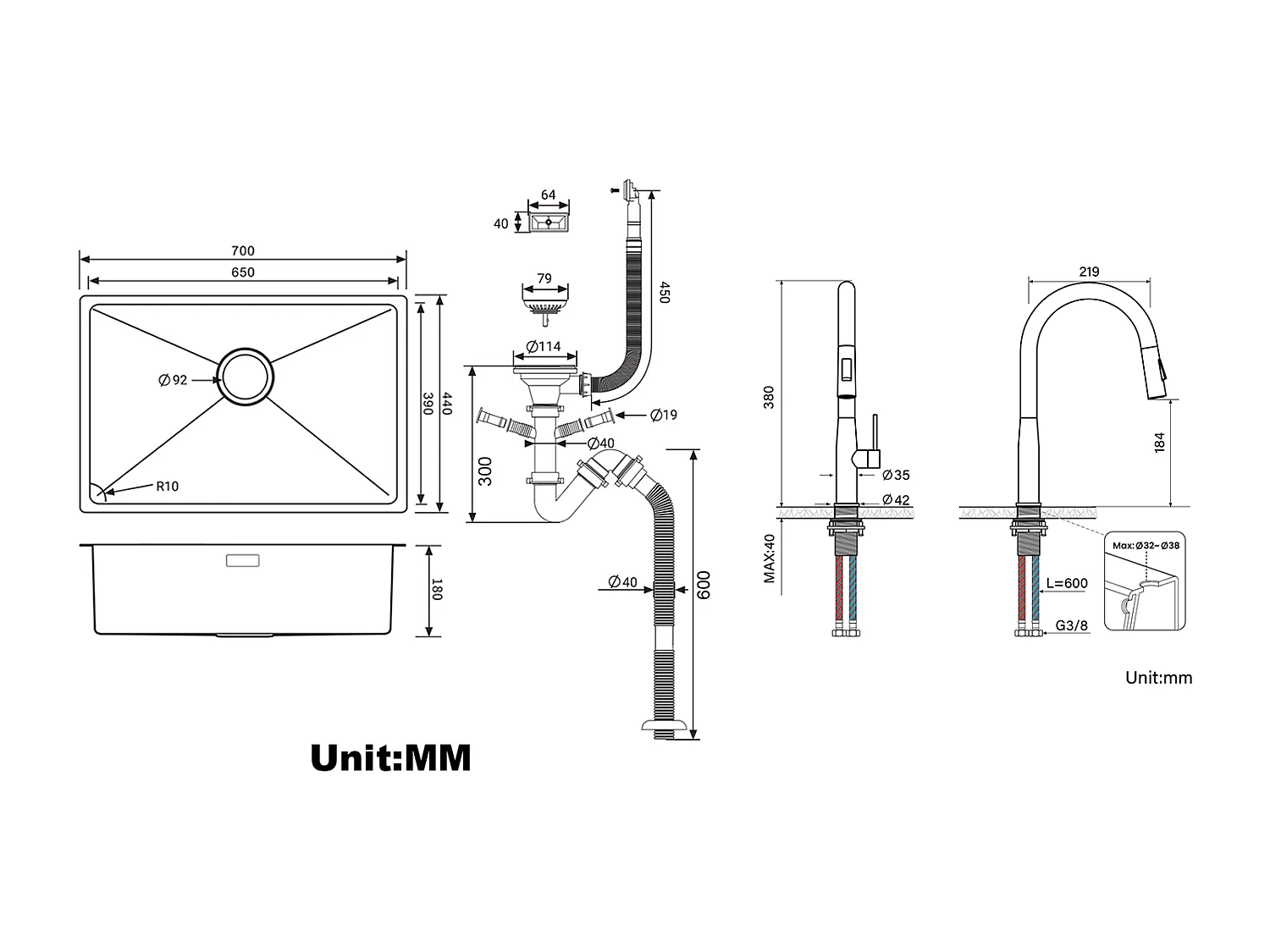 Évier Cuisine 1 Bac 70*44*19CM,à Encastrer/Fleur/Sous-Plan,Siphon/Trop-Plein+Robinet Cuisine avec Douchette Extractible,Bec en Forme U,Noir