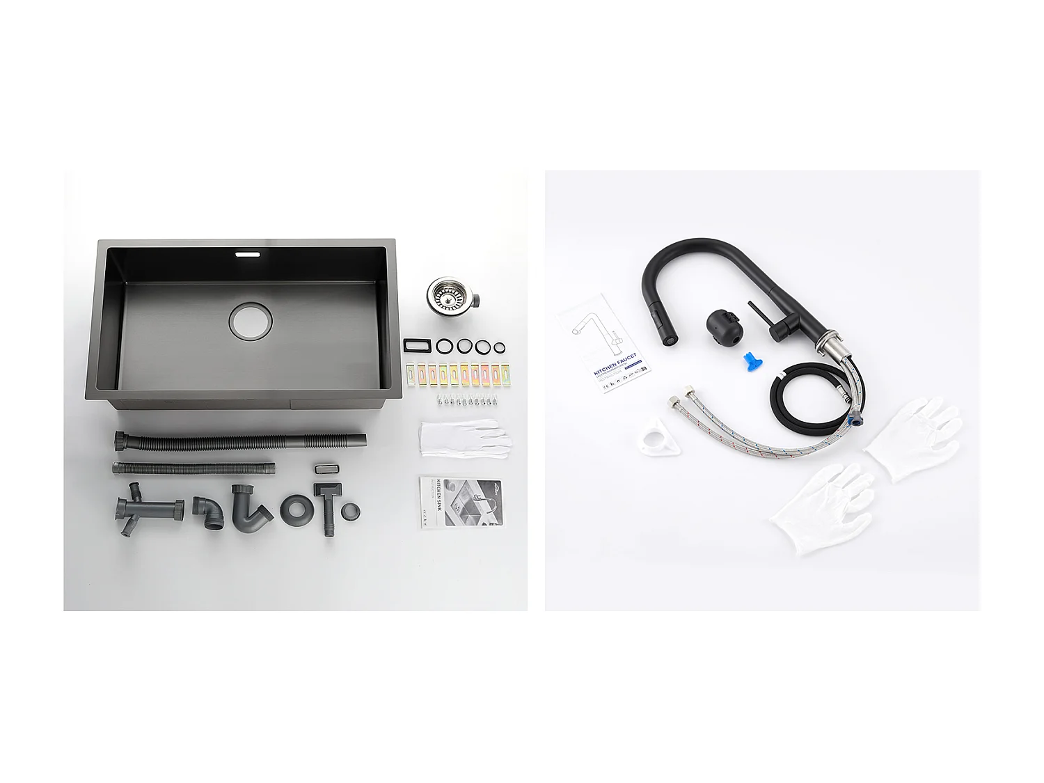 Évier Cuisine 1 Bac 70*44*19CM,à Encastrer/Fleur/Sous-Plan,Siphon/Trop-Plein+Robinet Cuisine avec Douchette Extractible,Bec en Forme U,Noir