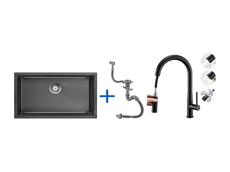 Évier Cuisine 1 Bac 70*44*19CM,à Encastrer/Fleur/Sous-Plan,Siphon/Trop-Plein+Robinet Cuisine avec Douchette Extractible,Bec en Forme U,Noir