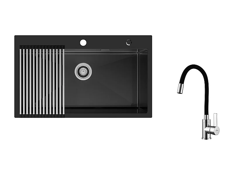 Lavello Cucina 1 Vassoio 75 x 45 cm,Inox Nero con Scolapiatti Pieghevole+Miscelatore Lavello con Beccuccio Flessibile,Rubinetto Cucina Pieghevole