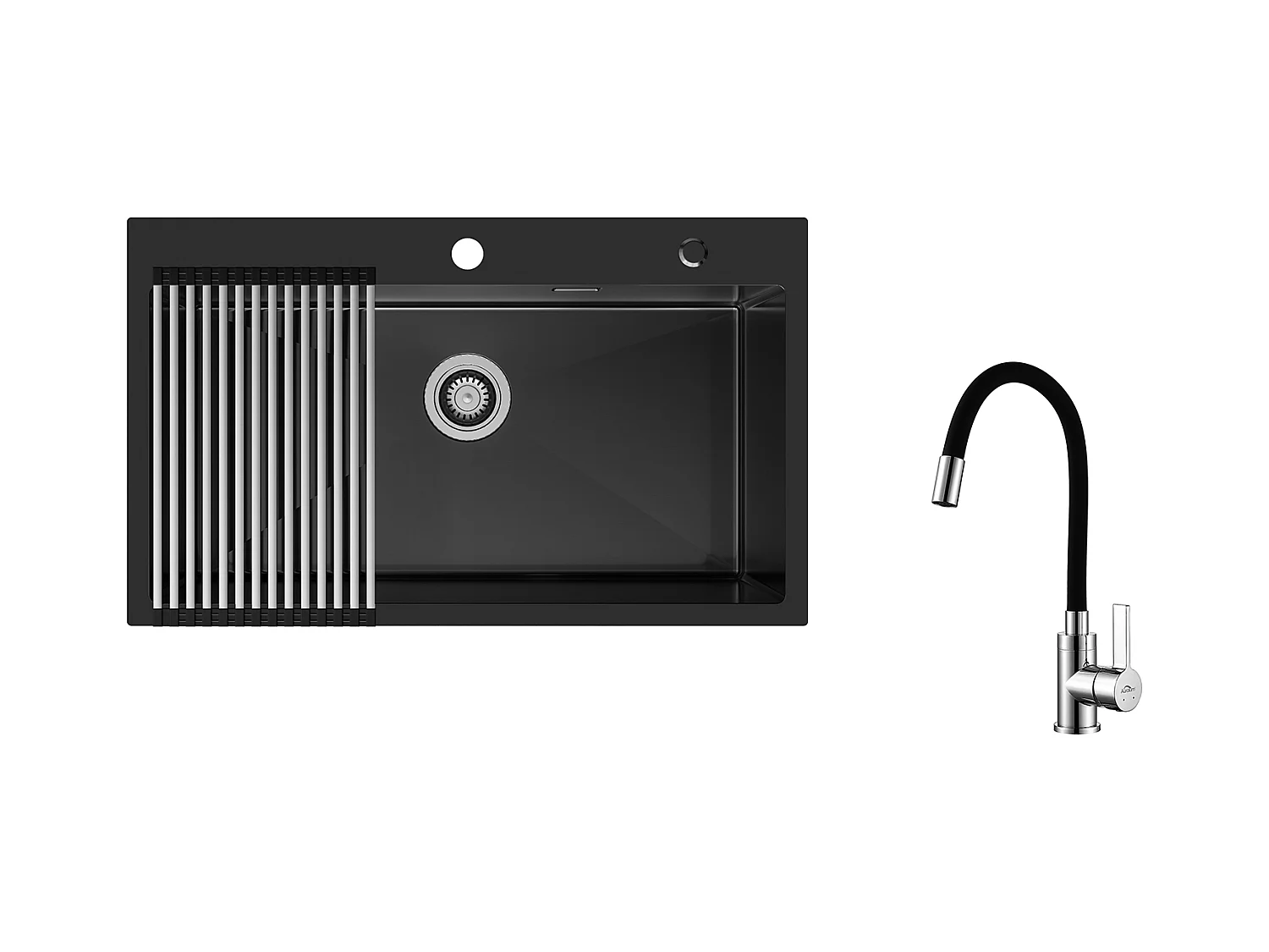 Lavello Cucina 1 Vassoio 75 x 45 cm,Inox Nero con Scolapiatti Pieghevole+Miscelatore Lavello con Beccuccio Flessibile,Rubinetto Cucina Pieghevole