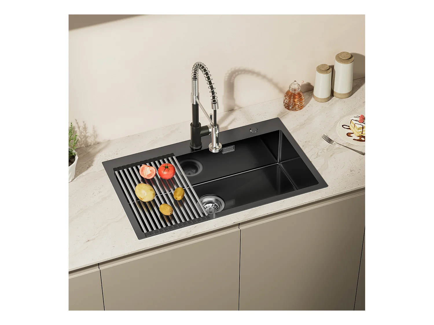 Auralum MAX Évier de Cuisine 1 Bac 75 x 45 cm,Évier Inox Noir avec Égouttoir Pliable+Mitigeur Évier avec Bec Flexible,Robinet de Cuisine Rabattable