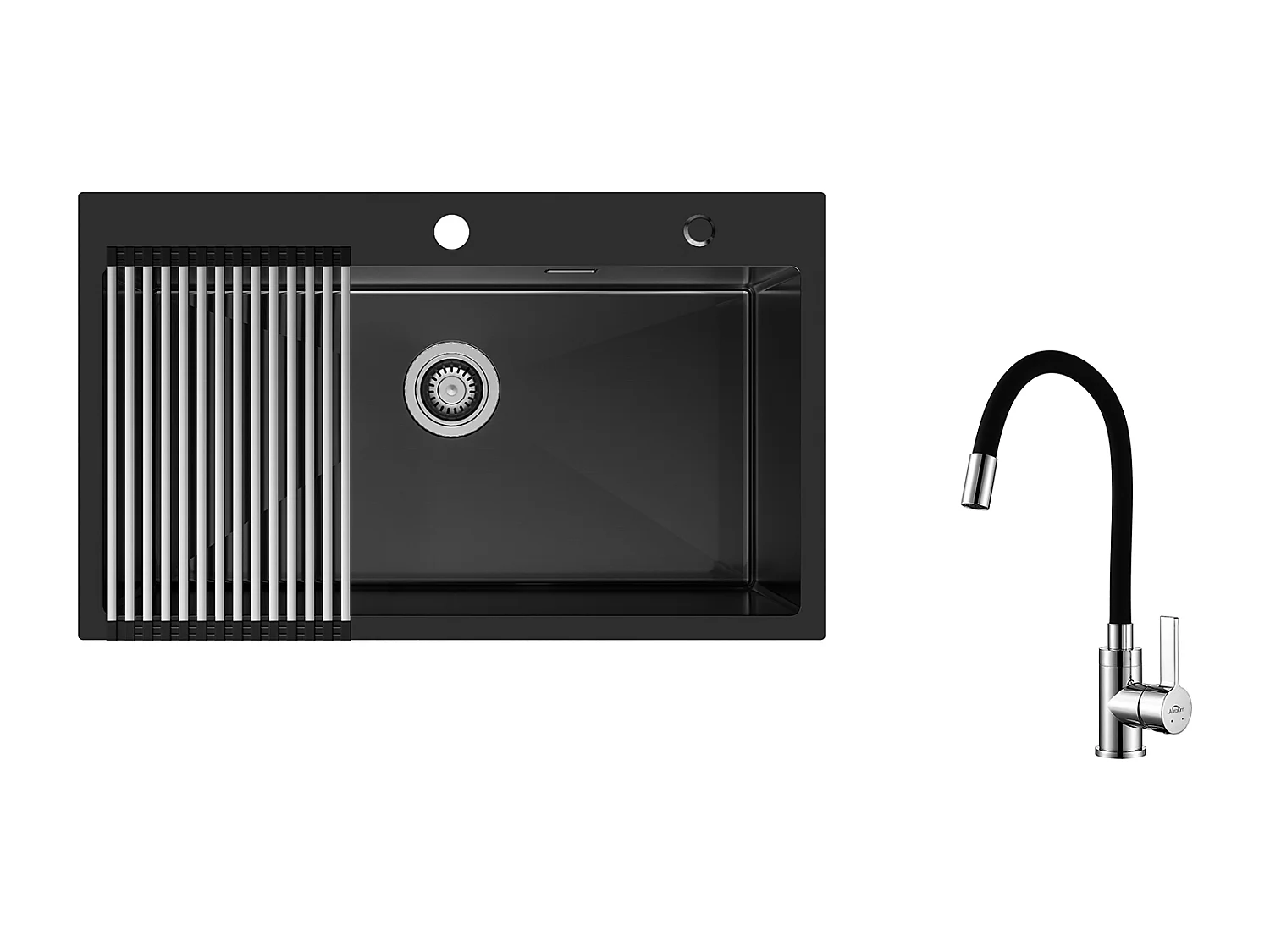 Auralum MAX Aanrecht 1 Bak 75 x 45 cm, Zwarte RVS Wastafel met Opvouwbare Afdruiprek+ Wastafelmengkraan met Flexibele Uitloop, Opklapbare Keukenkraan