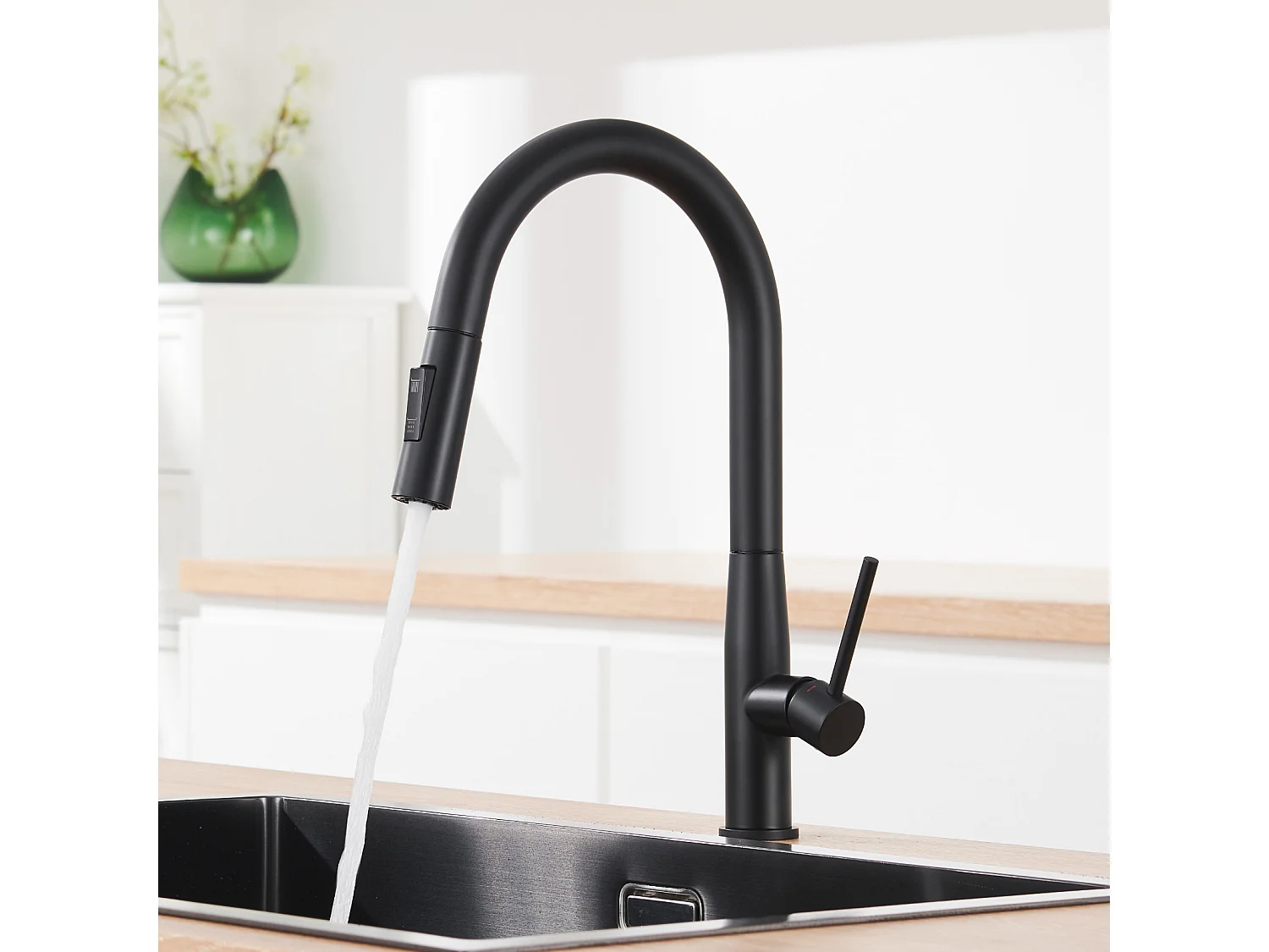 Auralum MAX Keukengootsteen 1 Bak 75 x 45 cm, Zwarte RVS Spoelbak met Opvouwbare Afdruiprek + Keukenkraan met Uittrekbare Douche, 2 Jets-modi, Zwart