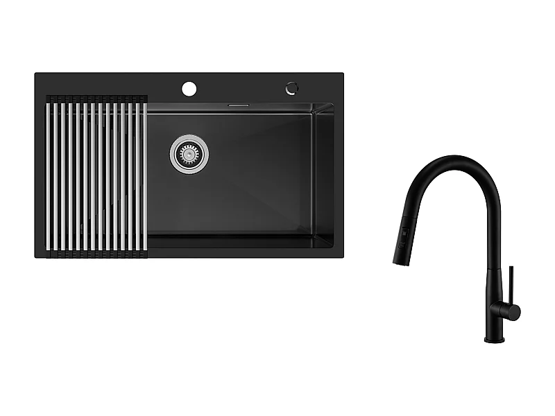 Auralum MAX Keukengootsteen 1 Bak 75 x 45 cm, Zwarte RVS Spoelbak met Opvouwbare Afdruiprek + Keukenkraan met Uittrekbare Douche, 2 Jets-modi, Zwart