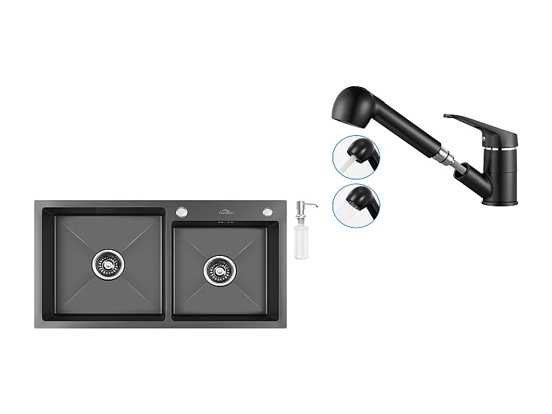 Fregadero Cocina 2 Bandejas,Negro,75x45x19cm, Empotrado/para colocar con DistriGoleador Jabón+Grifo Cocina Negro con Ducha Extragible 2 Jets a 360°