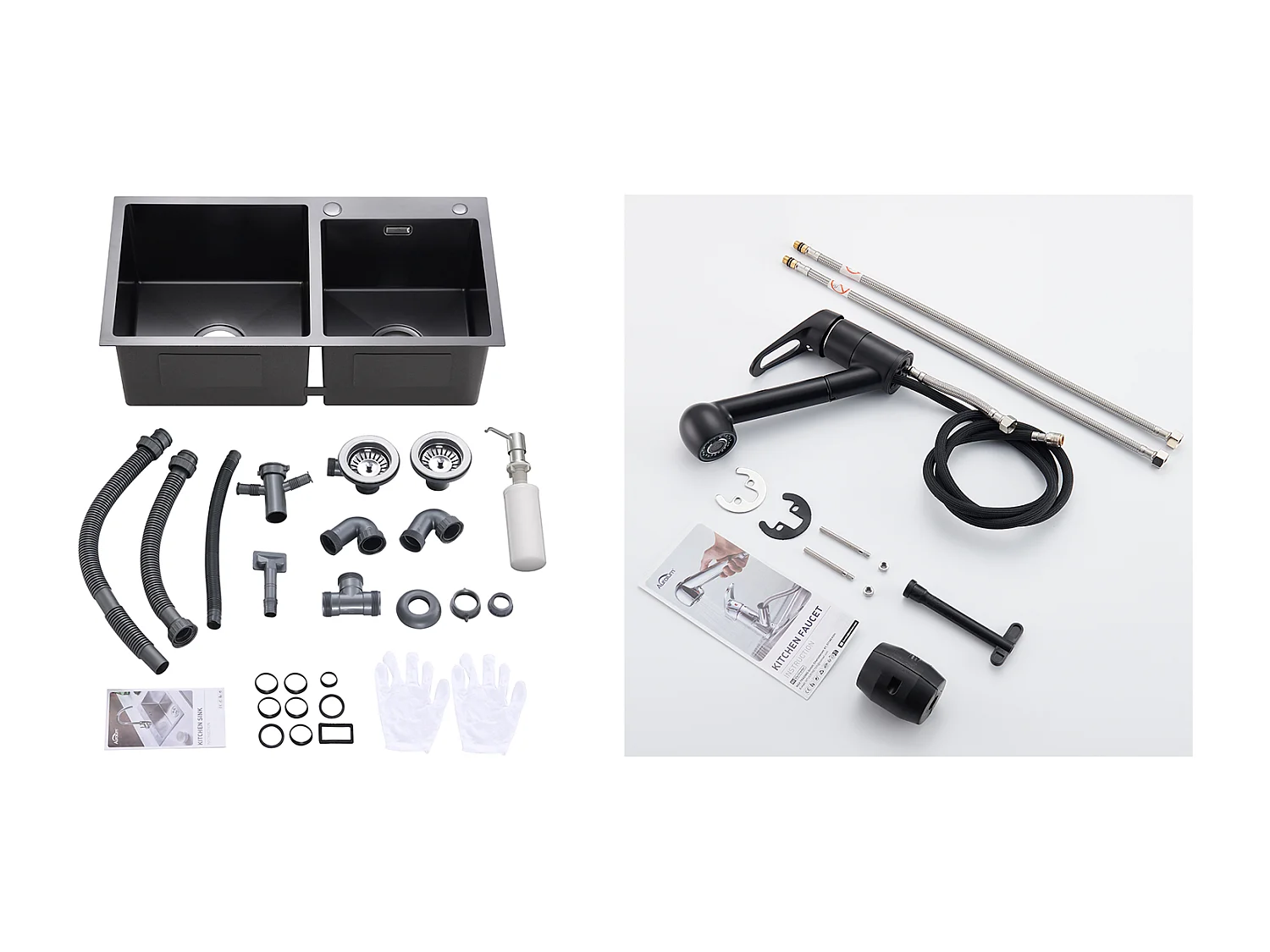 Évier de Cuisine 2 Bac, Noir, 75x45x19cm,Encastré/ à Poser avec Distributeur Savon+Robinet Cuisine Noir avec Douchette Extractible 2 Jets à 360°