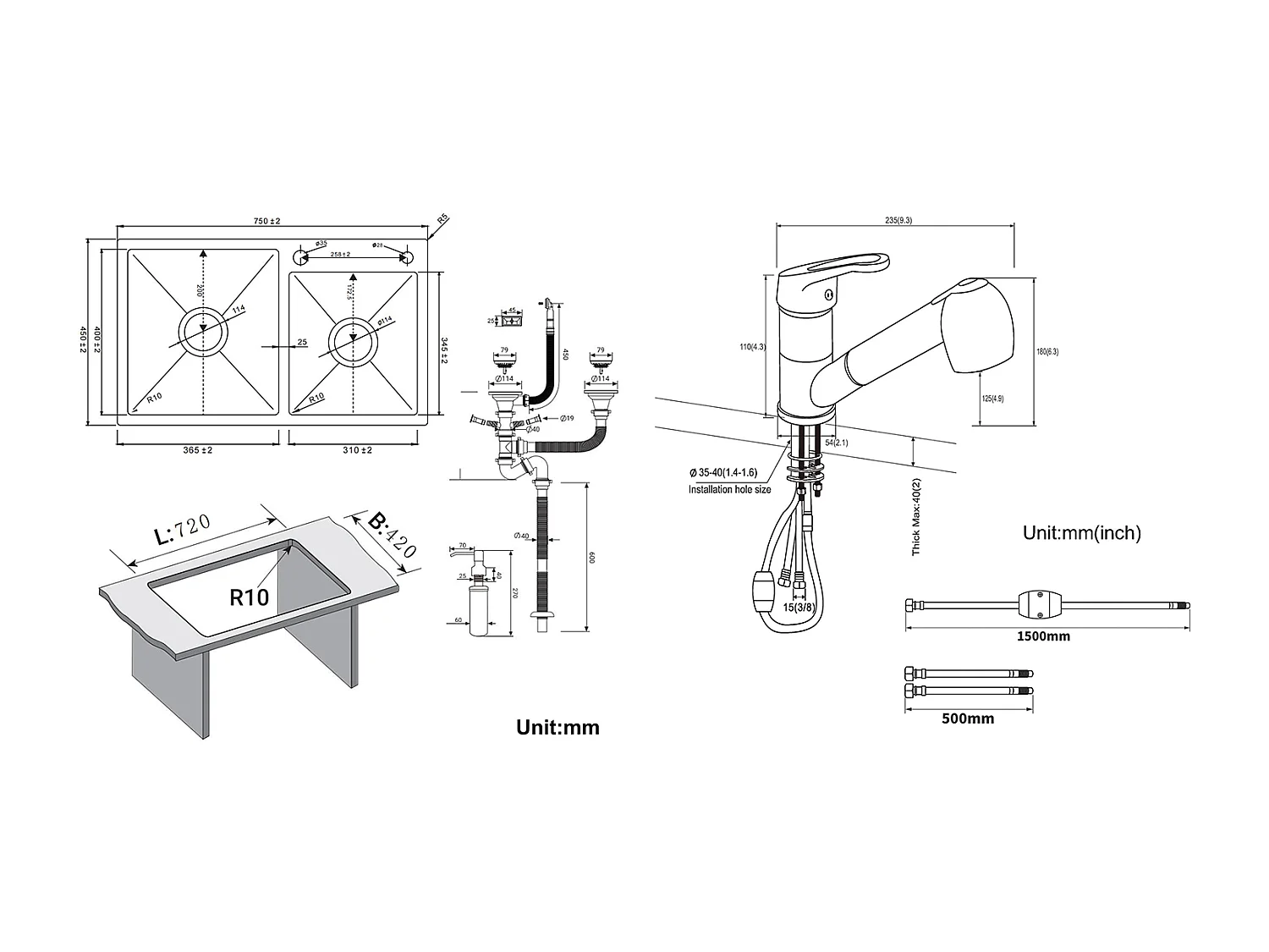 Aanrecht 2 Bak, Zwart,75x45x19cm, Inbouw/ Opzet met Dispenser Savon+Keukenkraan Zwart met Uittrekbare Handdouche 2 Jets 360°