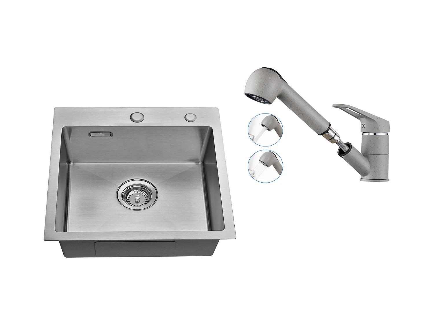 Évier Cuisine 1 Bac 45x45CM Acier Inoxydable,encastré/ à Poser+Robinet Cuisine avec Douchette Extractible 2 Jets,Pivotant 360°,Eau Froide/Chaude,Gris