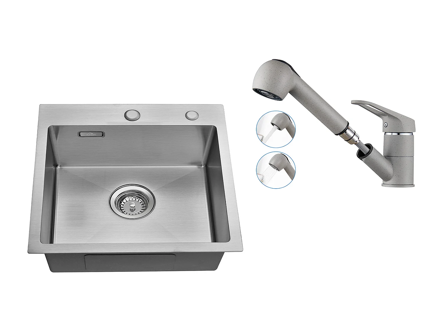 Aanrecht 1 bak 45x45CM RVS, inbouw/ op te zetten + keukenkraan met uittrekbare douche 2 stralen, 360° draaibaar, koud/warm water, grijs