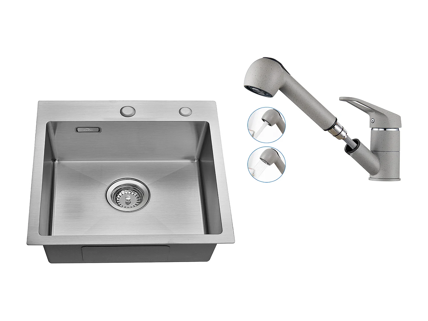 Évier Cuisine 1 Bac 45x45CM Acier Inoxydable,encastré/ à Poser+Robinet Cuisine avec Douchette Extractible 2 Jets,Pivotant 360°,Eau Froide/Chaude,Gris