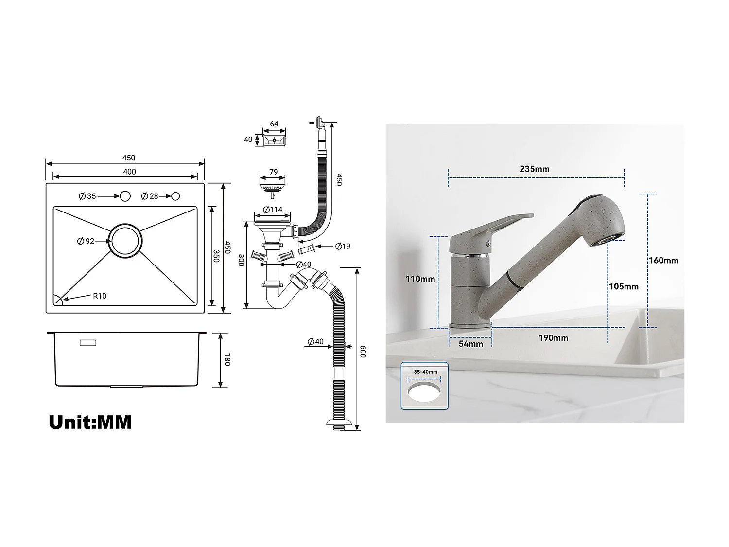 Évier Cuisine 1 Bac 45x45CM Acier Inoxydable,encastré/ à Poser+Robinet Cuisine avec Douchette Extractible 2 Jets,Pivotant 360°,Eau Froide/Chaude,Gris
