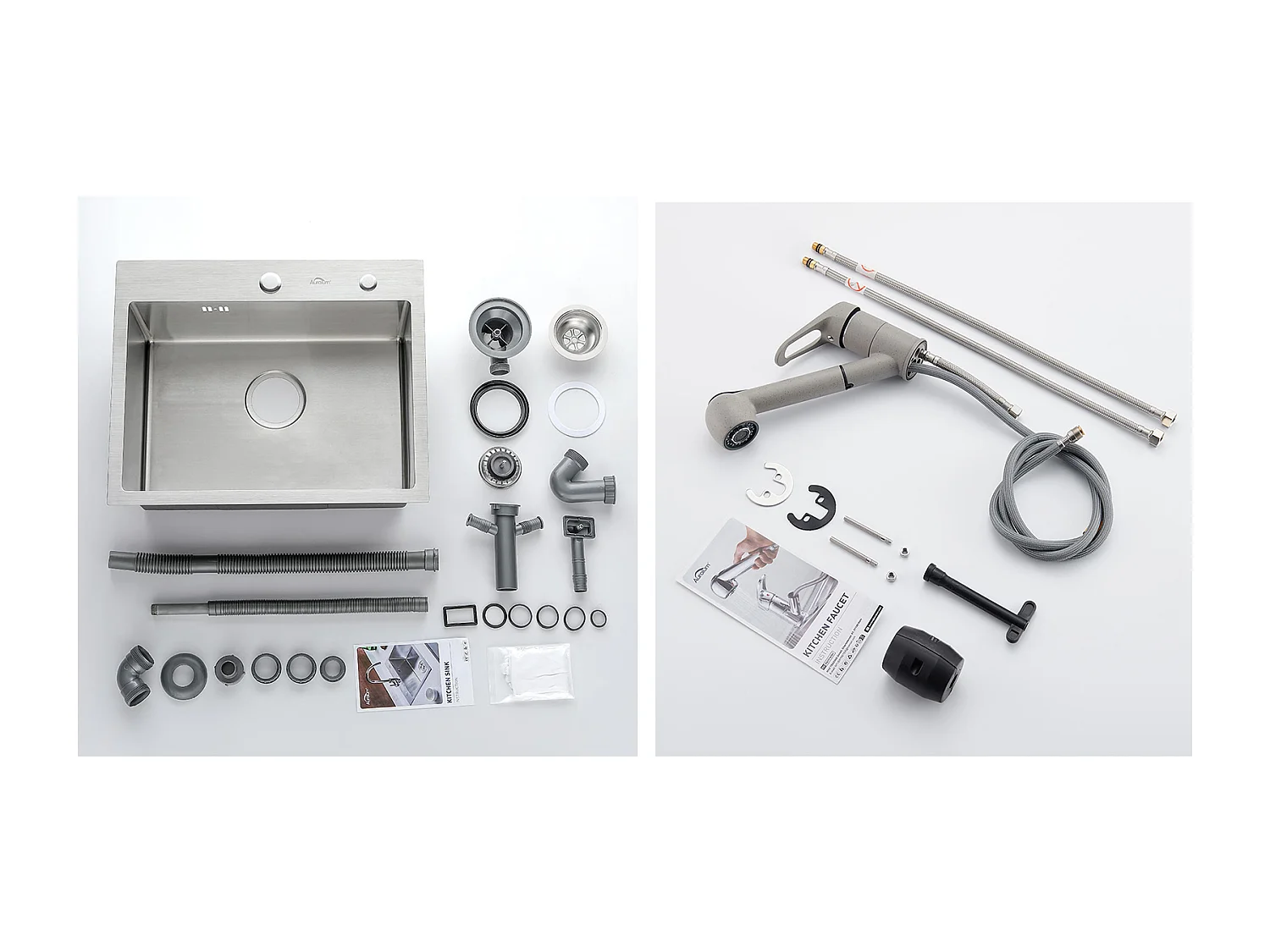 Évier Cuisine 1 Bac 45x45CM Acier Inoxydable,encastré/ à Poser+Robinet Cuisine avec Douchette Extractible 2 Jets,Pivotant 360°,Eau Froide/Chaude,Gris