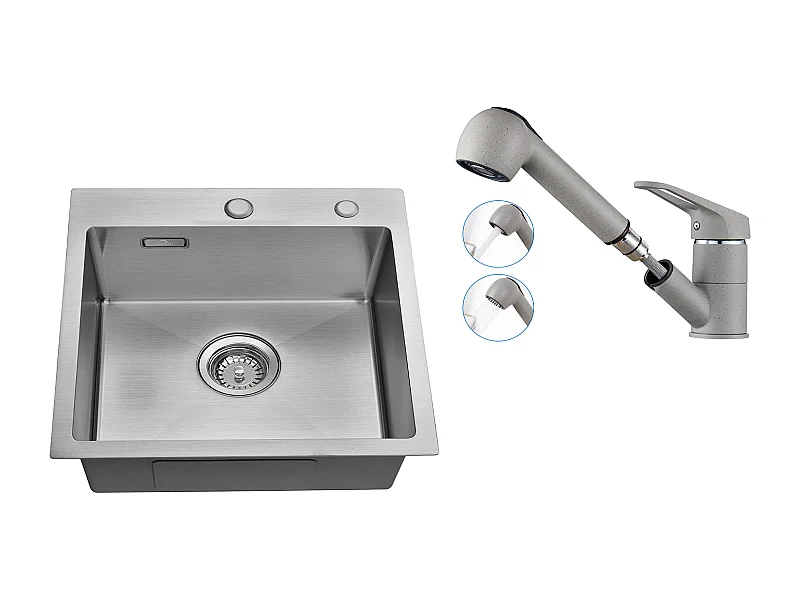 Évier Cuisine 1 Bac 45x45CM Acier Inoxydable,encastré/ à Poser+Robinet Cuisine avec Douchette Extractible 2 Jets,Pivotant 360°,Eau Froide/Chaude,Gris