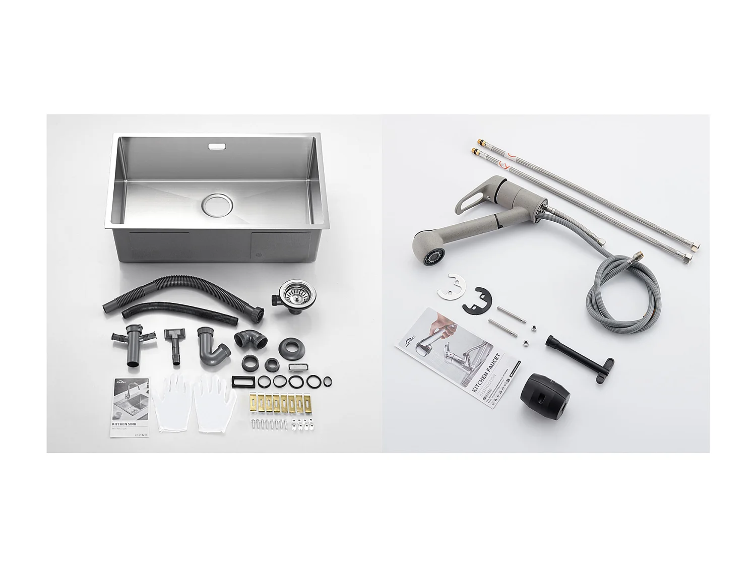 Évier Cuisine 1Bac 70*44*19CM,à Encastrer/Fleur/Sous-Plan,avec Siphon/Trop-Plein,Brossé+Robinet Cuisine avec Douchette Extractible 2 Jets,Gris