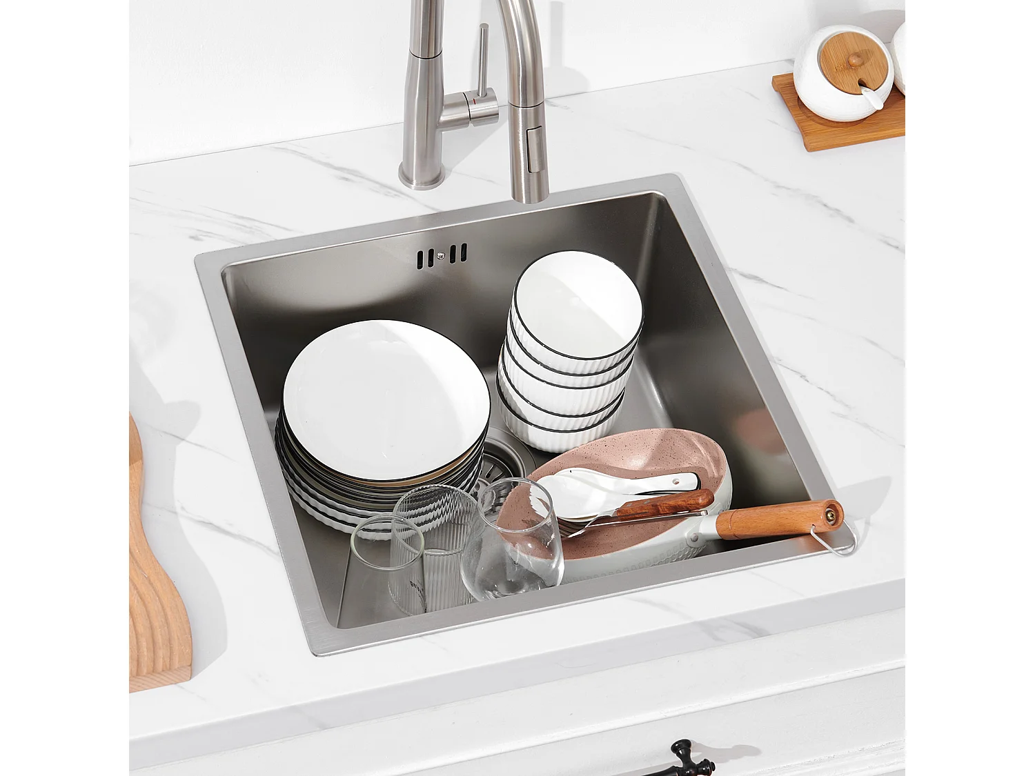 AuraLum Max  Évier Encastré 44x44x20CM cm - Évier de Cuisine 1 Bac en Acier Inoxydable 304- Évier de Cuisine Argent avec vidange,EU Modèle