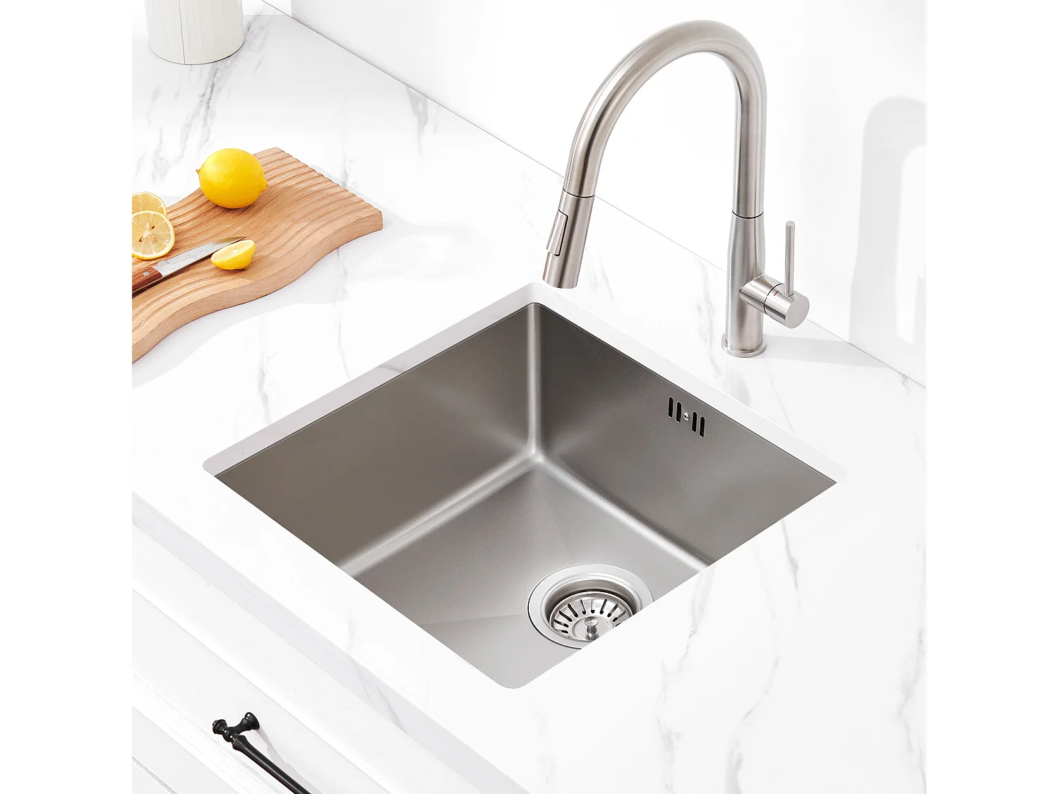 AuraLum Max  Évier Encastré 44x44x20CM cm - Évier de Cuisine 1 Bac en Acier Inoxydable 304- Évier de Cuisine Argent avec vidange,EU Modèle