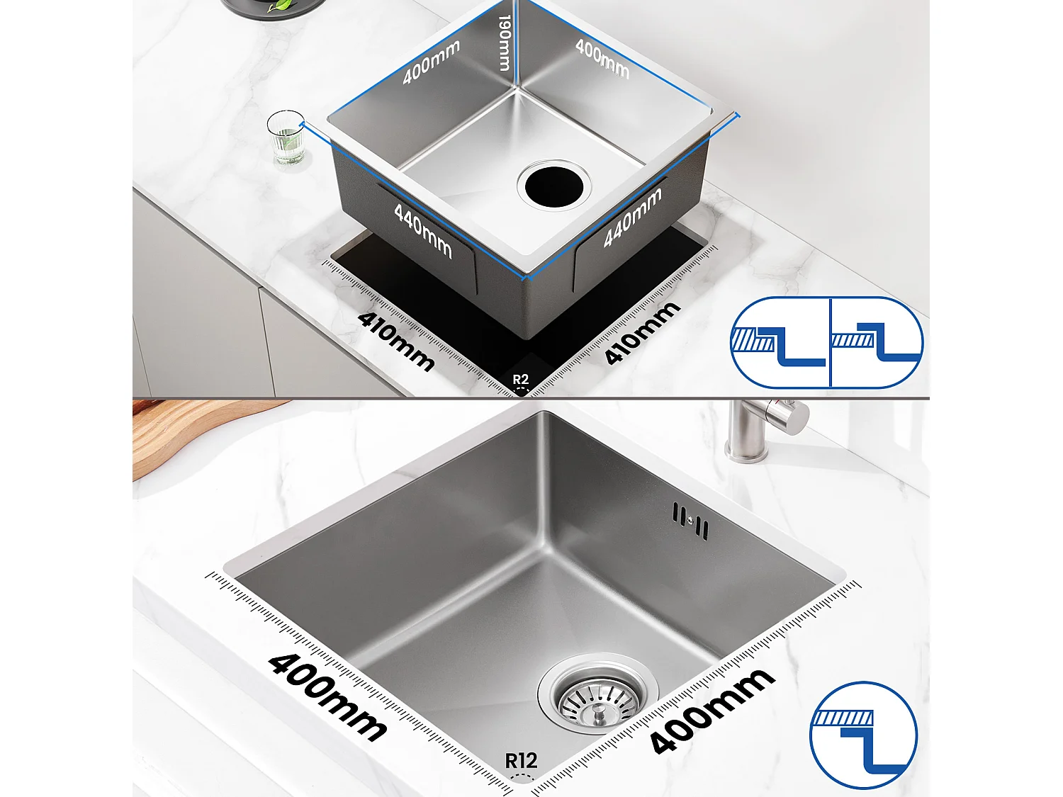 AuraLum Max  Évier Encastré 44x44x20CM cm - Évier de Cuisine 1 Bac en Acier Inoxydable 304- Évier de Cuisine Argent avec vidange,EU Modèle