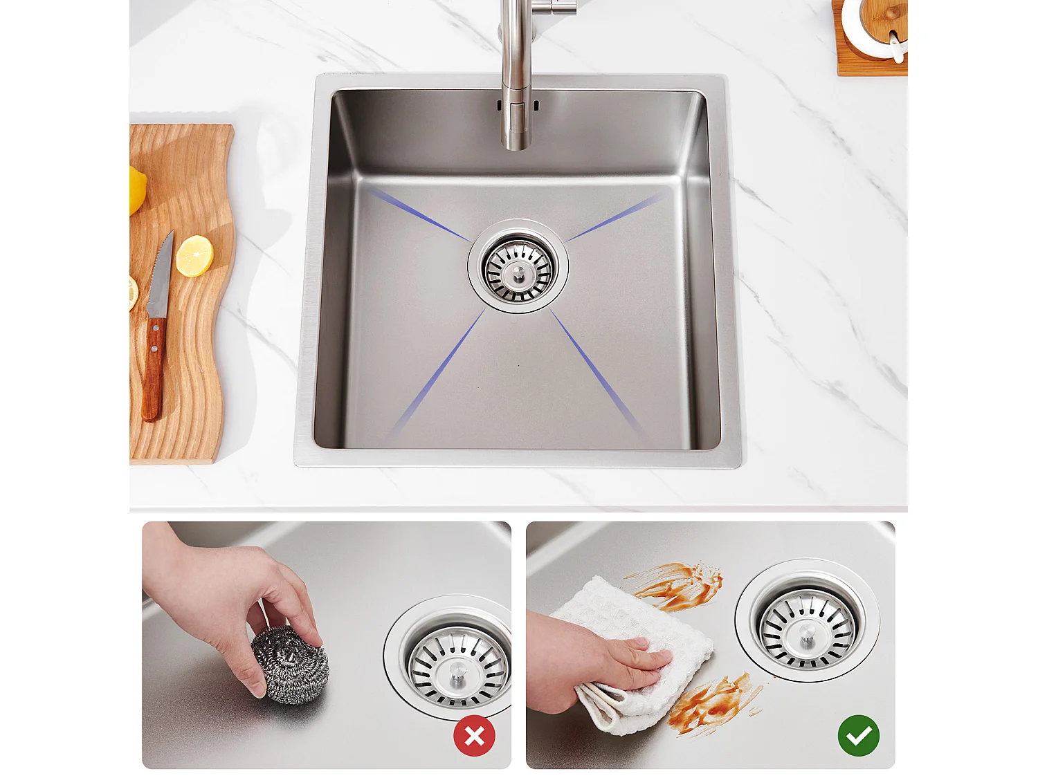 AuraLum Max  Évier Encastré 44x44x20CM cm - Évier de Cuisine 1 Bac en Acier Inoxydable 304- Évier de Cuisine Argent avec vidange,EU Modèle