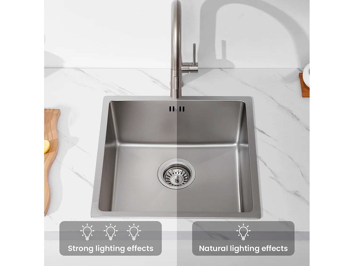 AuraLum Max  Évier Encastré 44x44x20CM cm - Évier de Cuisine 1 Bac en Acier Inoxydable 304- Évier de Cuisine Argent avec vidange,EU Modèle