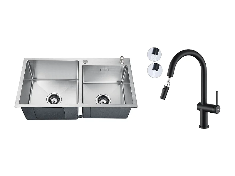 2-in-1-Küchenspüle mit 2 Becken, 75 x 45 x 19 cm, Einbau-/Aufsatzspüle mit Seifenspender + ausziehbarer Küchenarmatur mit zwei Funktionen, schwarz