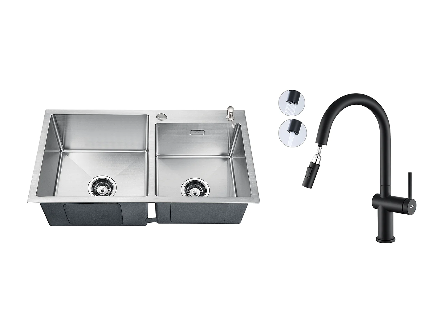 2 in 1 spoelbak vanKeuken 2 Bak 75x45x19cm, Inbouw/ Opzetbaar met Zeepdispenser + Intrekbare Keukenkraan met Twee Functies, Zwart