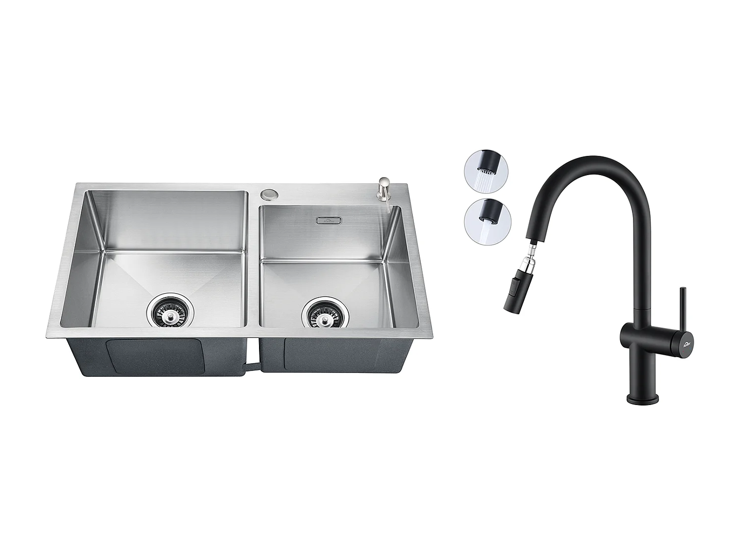 2 en 1 Évier de Cuisine 2 Bac 75x45x19cm,Encastré/ à Poser avec Distributeur de Savon+robinet de cuisine rétractable à deux fonctions, Noir