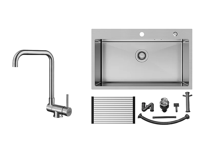 Auralum MAX Évier Cuisine 1 Cuve Inox Brossé75*45*19CM-Évier 1 Bac avec Égouttoir pliable+Mitigeur Cuisine Rabattable Pivotant 360° Eau froide Chaude