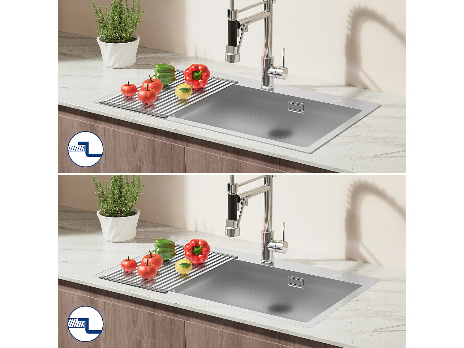 Auralum MAX Aanrecht 1 Bak Geborsteld RVS75*45*19CM-ÉVier 1 Bak met Opvouwbare Afdruiprek+Kngkraan Keuken Opklapbaar 360° Draaibaar Koud Water Warm