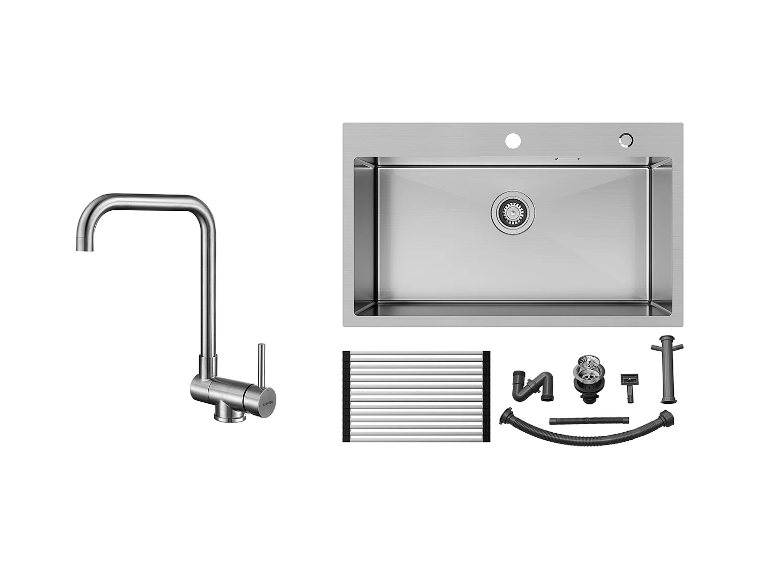 Auralum MAX Aanrecht 1 Bak Geborsteld RVS75*45*19CM-ÉVier 1 Bak met Opvouwbare Afdruiprek+Kngkraan Keuken Opklapbaar 360° Draaibaar Koud Water Warm