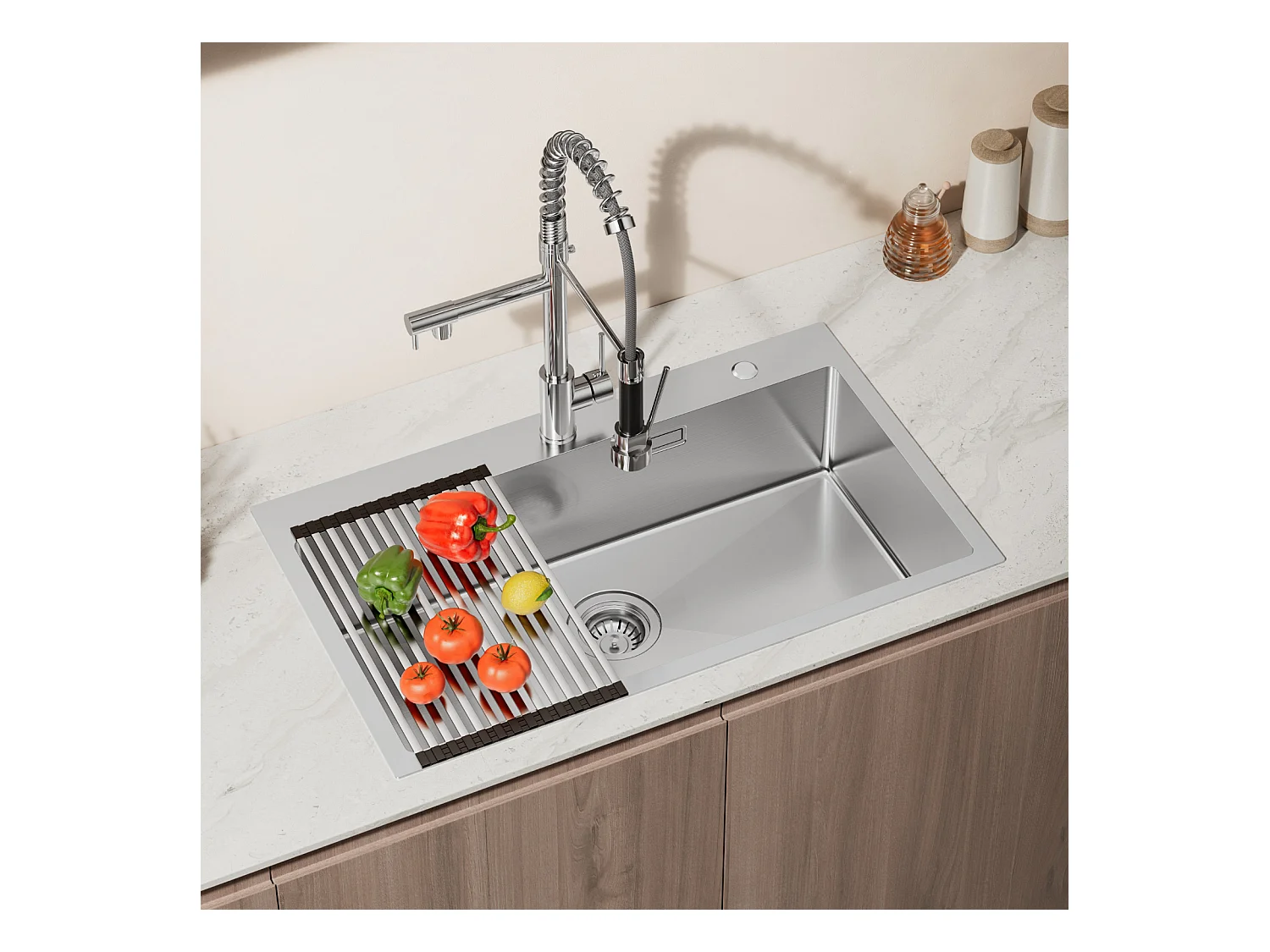 Auralum MAX Aanrecht 1 Bak Geborsteld RVS75*45*19CM-ÉVier 1 Bak met Opvouwbare Afdruiprek+Kngkraan Keuken Opklapbaar 360° Draaibaar Koud Water Warm