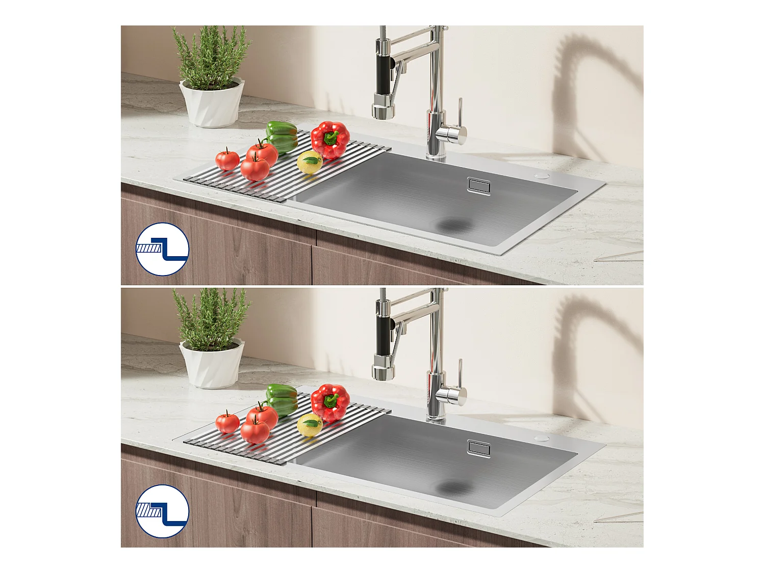 Auralum MAX Aanrecht 1 Bak Geborsteld RVS75*45*19CM-ÉVier 1 Bak met Opvouwbare Afdruiprek+Kngkraan Keuken Opklapbaar 360° Draaibaar Koud Water Warm