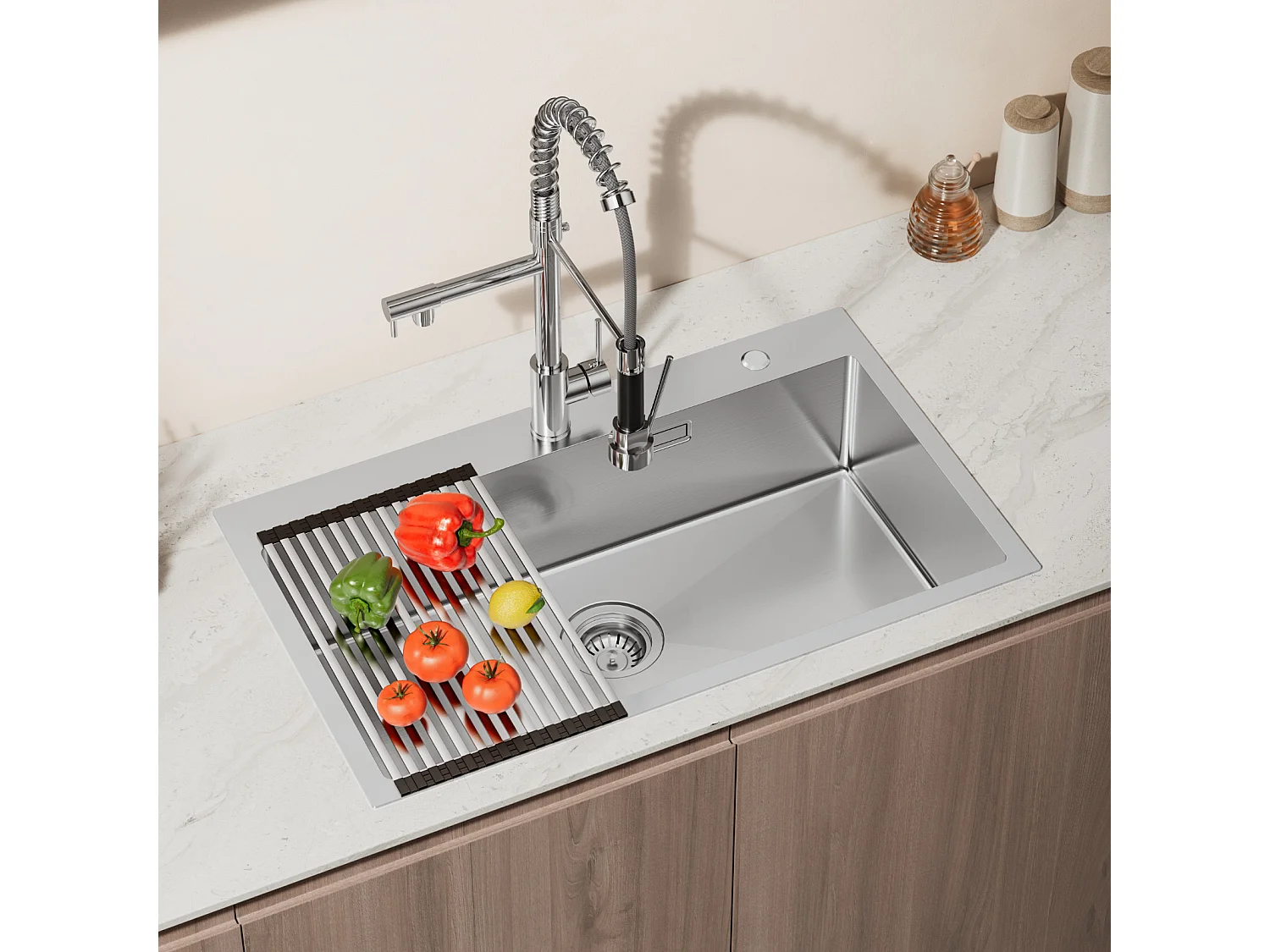 Auralum MAX Évier Cuisine 1 Cuve Inox Brossé75*45*19CM-Évier 1 Bac avec Égouttoir pliable+Mitigeur Cuisine Rabattable Pivotant 360° Eau froide Chaude