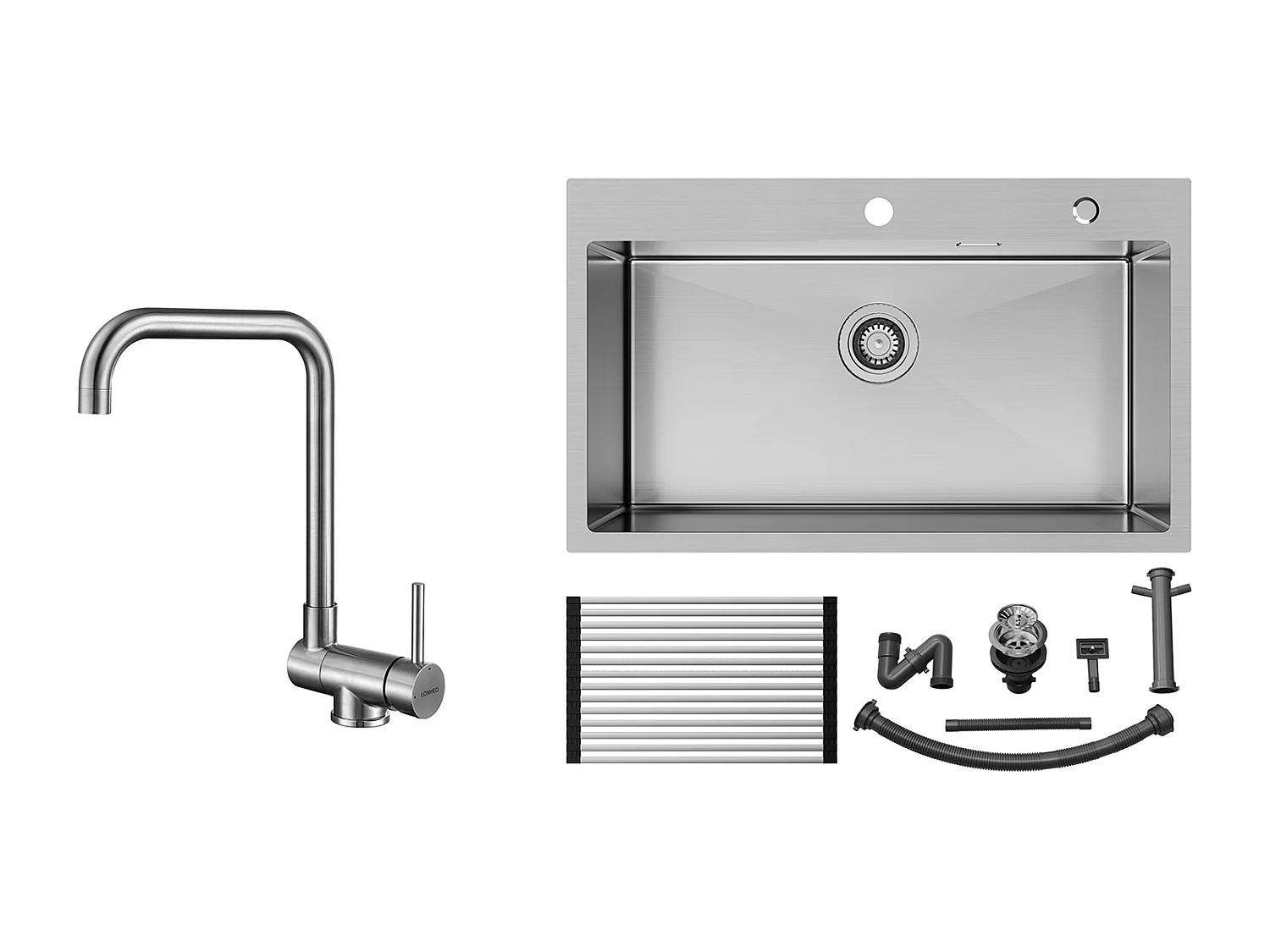 Auralum MAX Évier Cuisine 1 Cuve Inox Brossé75*45*19CM-Évier 1 Bac avec Égouttoir pliable+Mitigeur Cuisine Rabattable Pivotant 360° Eau froide Chaude