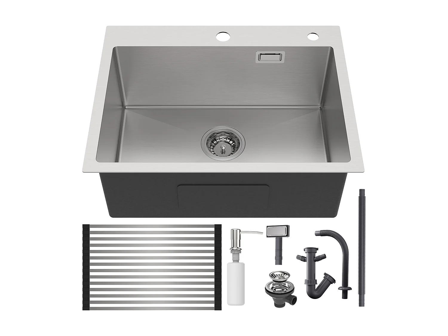 Évier Cuisine 58*45*18CM, Lavabo Cuisine 1 Bac avec Égouttoir Enroulable et Distributeur de Savon, Inox brossé, Montage à Encastrer ou à Fleur