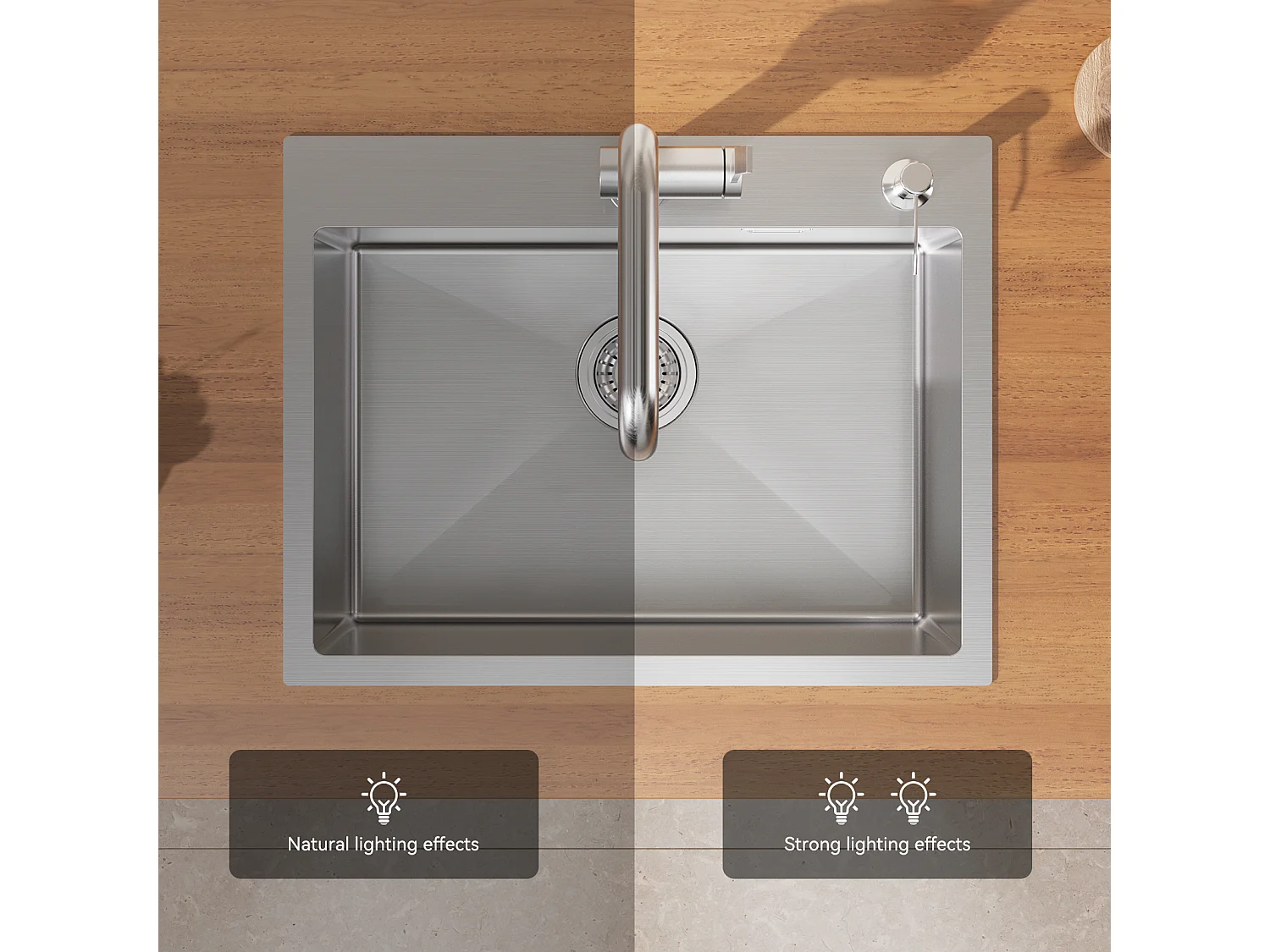 Évier Cuisine 58*45*18CM, Lavabo Cuisine 1 Bac avec Égouttoir Enroulable et Distributeur de Savon, Inox brossé, Montage à Encastrer ou à Fleur