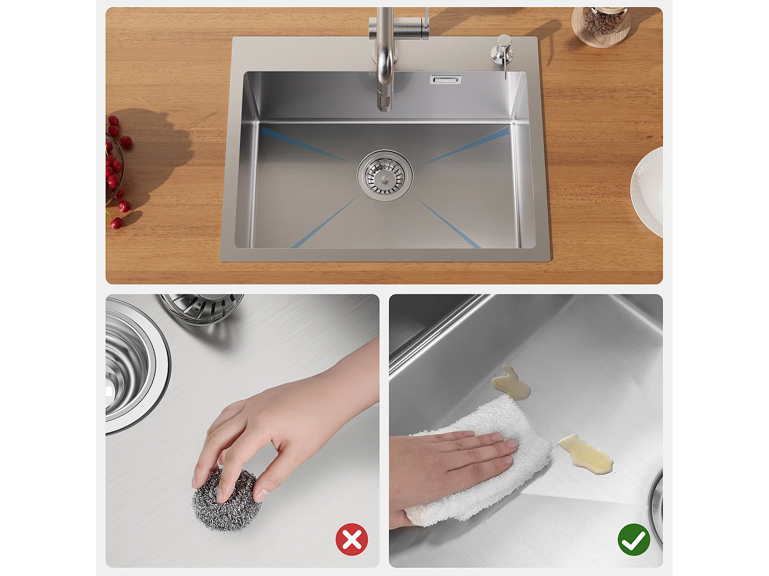 Évier Cuisine 58*45*18CM, Lavabo Cuisine 1 Bac avec Égouttoir Enroulable et Distributeur de Savon, Inox brossé, Montage à Encastrer ou à Fleur