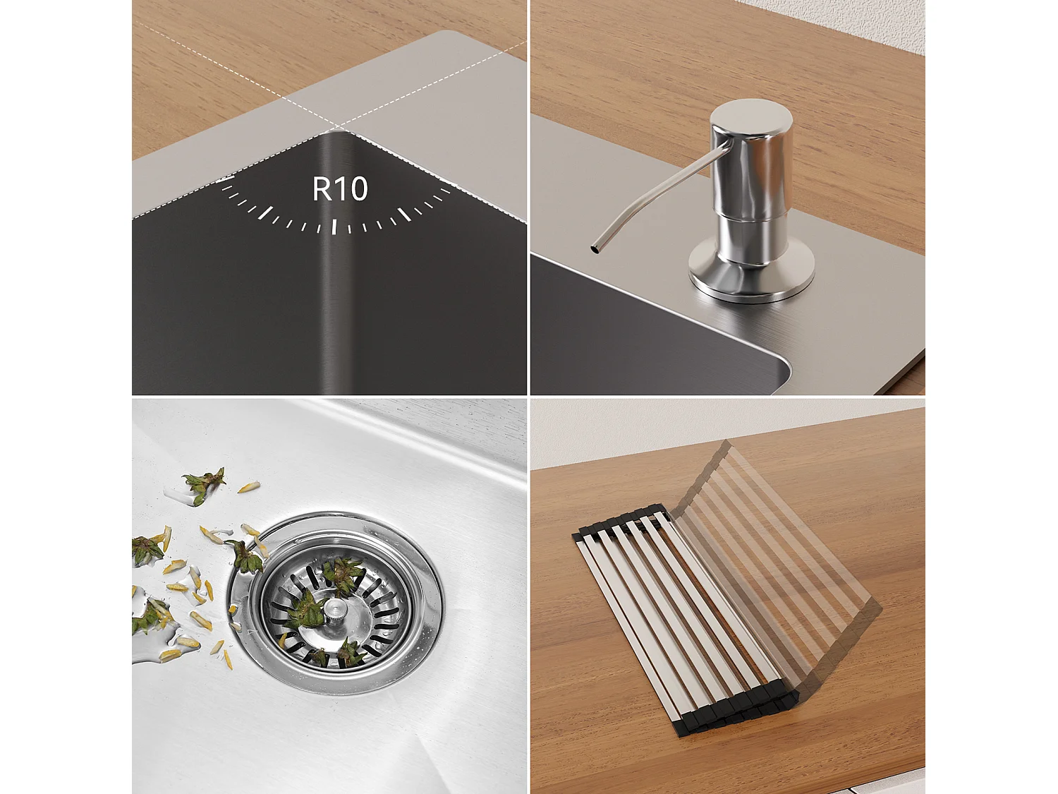 Évier Cuisine 58*45*18CM, Lavabo Cuisine 1 Bac avec Égouttoir Enroulable et Distributeur de Savon, Inox brossé, Montage à Encastrer ou à Fleur