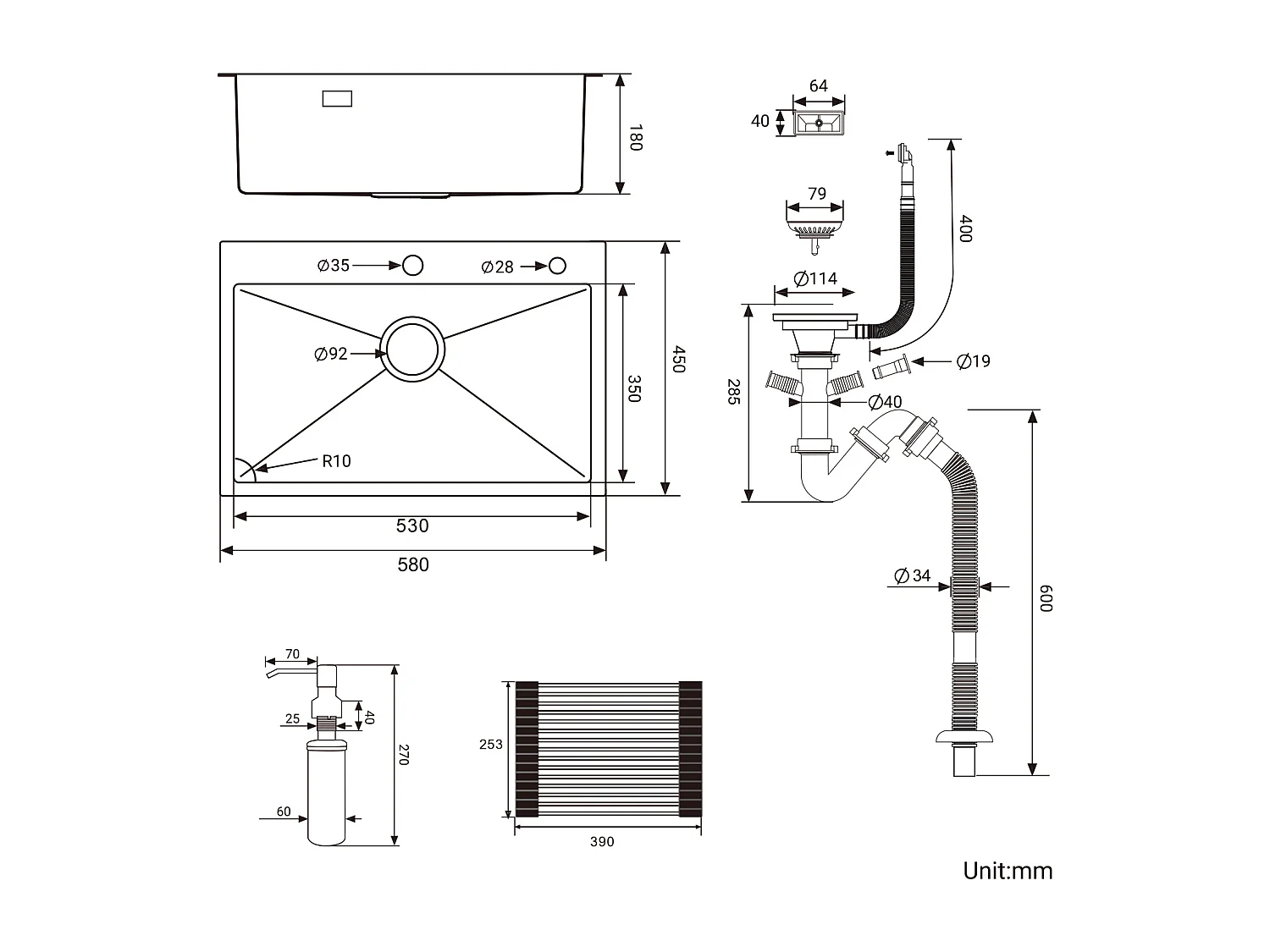 Évier Cuisine 58*45*18CM, Lavabo Cuisine 1 Bac avec Égouttoir Enroulable et Distributeur de Savon, Inox brossé, Montage à Encastrer ou à Fleur