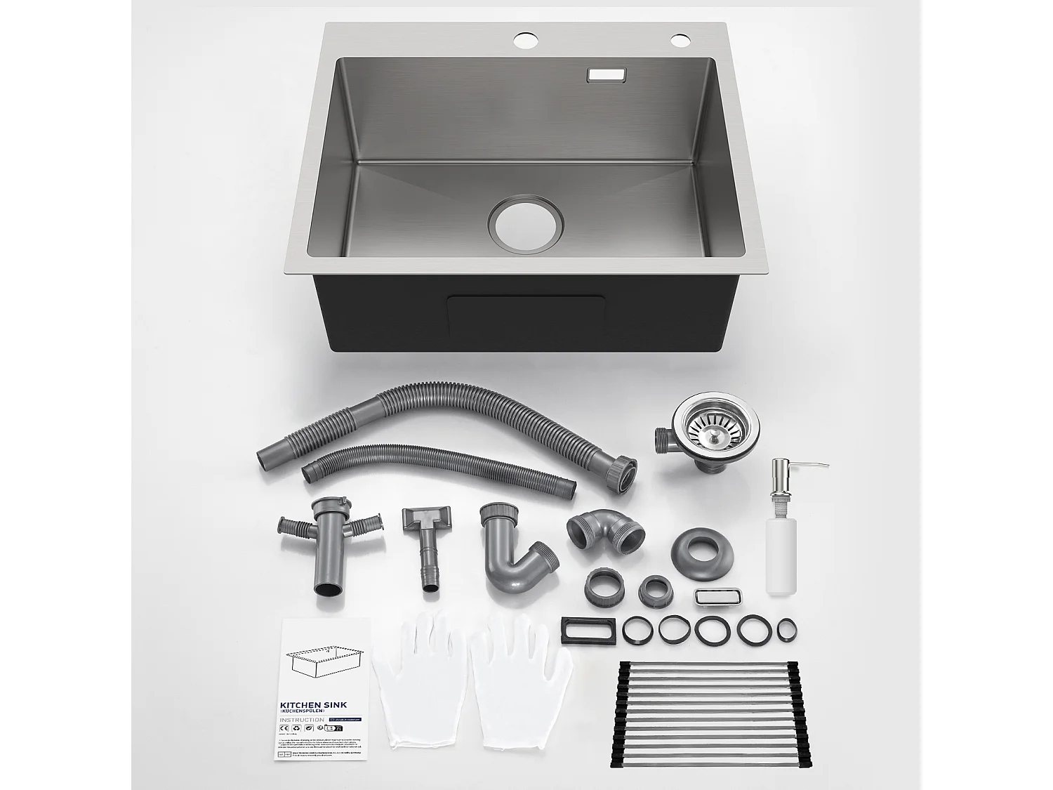 Évier Cuisine 58*45*18CM, Lavabo Cuisine 1 Bac avec Égouttoir Enroulable et Distributeur de Savon, Inox brossé, Montage à Encastrer ou à Fleur