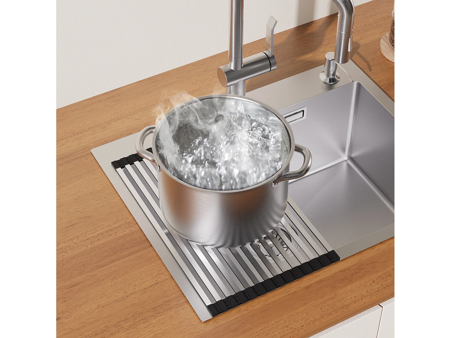 Évier Cuisine 58*45*18CM, Lavabo Cuisine 1 Bac avec Égouttoir Enroulable et Distributeur de Savon, Inox brossé, Montage à Encastrer ou à Fleur