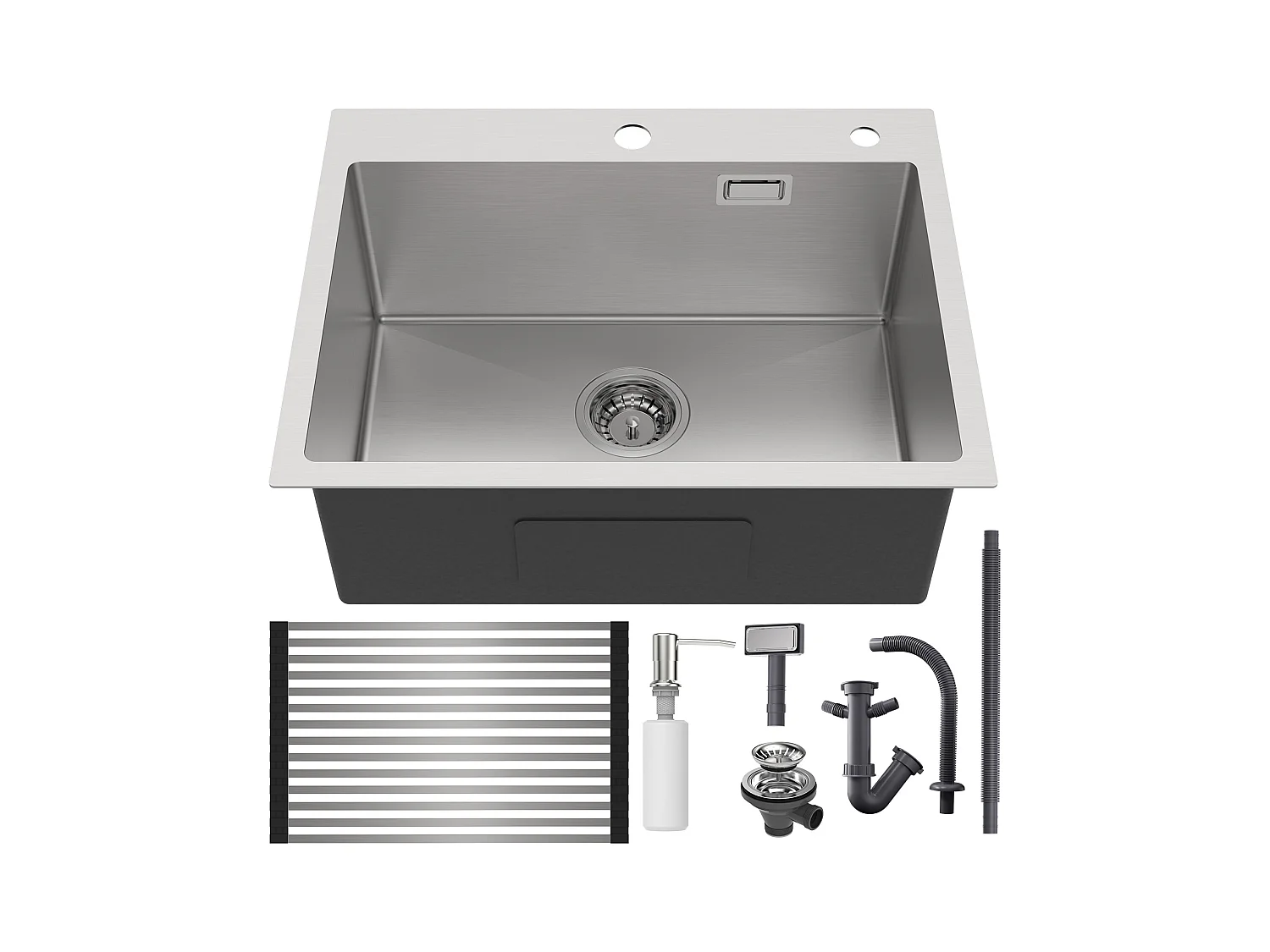 Évier Cuisine 58*45*18CM, Lavabo Cuisine 1 Bac avec Égouttoir Enroulable et Distributeur de Savon, Inox brossé, Montage à Encastrer ou à Fleur