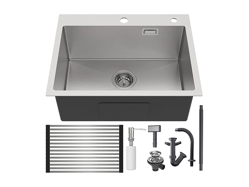 Aanrecht 58*45*18CM, Aanrecht 1 Bak met Oprolbare Afdruiprek en Zeepdispenser, Geborsteld RVS, Inbouw- of Bloemmontage