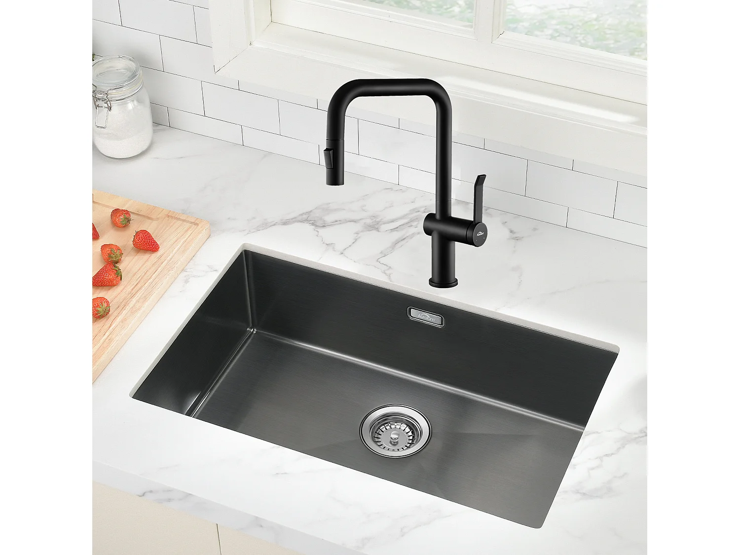 Fregadero Cocina 1 Contenedor 70*44*19CM+Grifo de Cocina con Ducha Extraíble Rotativa 360°2 Funciones, Mameluco desmontable,Negro